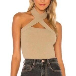 NBD Yevette Halter Top Cross Neck Ribbed Taupe Tan NWT Size Small